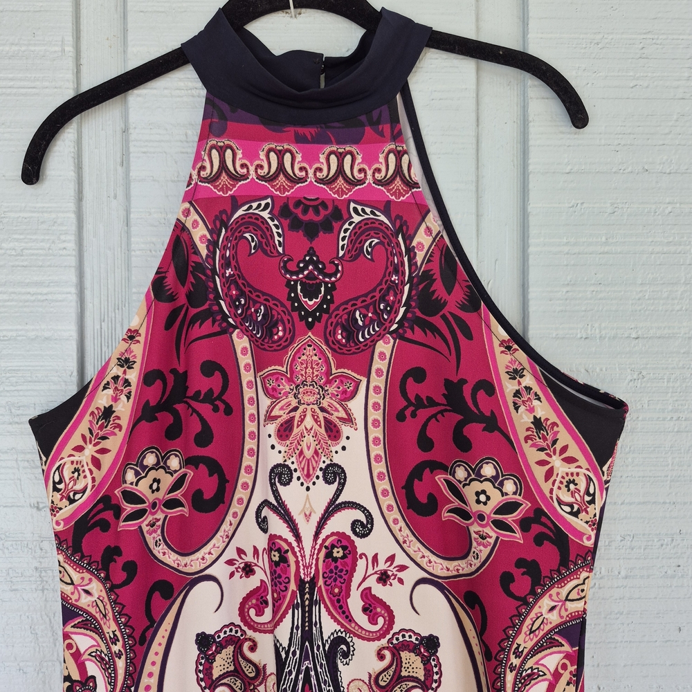 VENUS Halter Maxi Dress in Pink and Black Artsy Print Large Flowy Breezy Boho - Picture 2 of 7